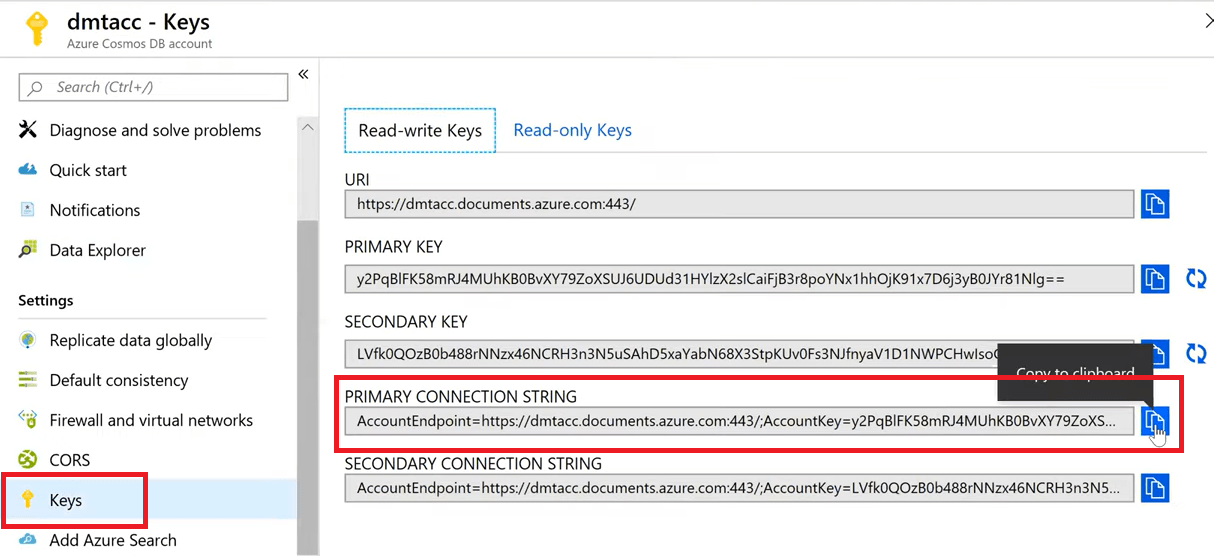 DynamoDB Azure - CosmosDb Keys option